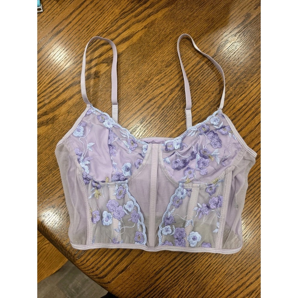 Lavender Embroidered Mesh Bustier Crop Top Fairycore Coquette Whimsigirl S/M